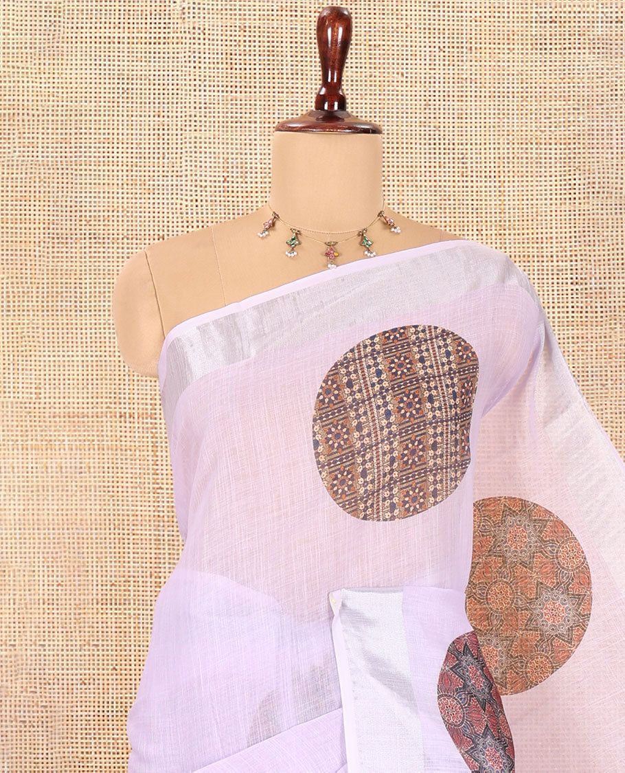 Lavender Linen Cotton Saree Features Ajrakh Geometric Print, a Zari Border, Printed Pallu, Contrast Blouse