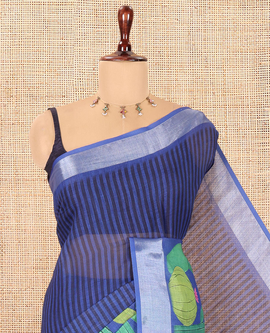 Royal Blue Cactus Printed Linen Cotton Saree, a Zari Border, and a Matching Blouse