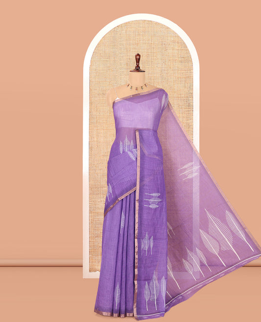 Violet Linen Cotton Saree Features Tree Print, a Zari Piping Border, and a Matching Blouse