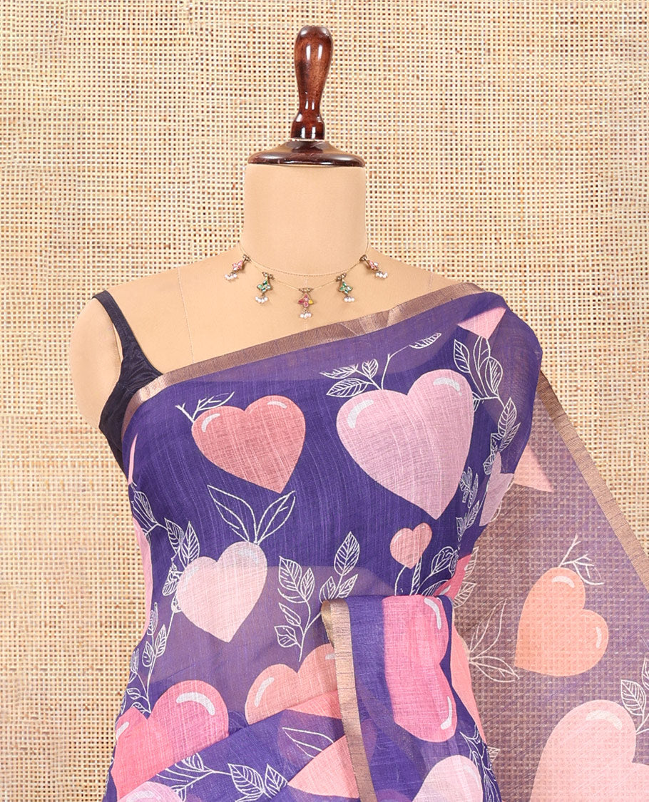 Borderless Violet Heart Motifs Printed Linen-Cotton Saree, a Self-Printed Pallu, and a Matching Blouse