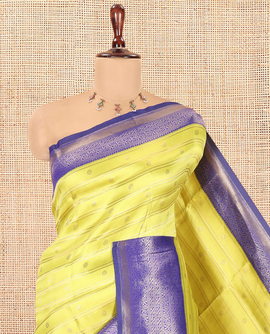Lemon Yellow Semi-Kanchi Silk Saree, Adorned with Stripes and Buttas, a Contrast Traditional Zari Border, Grand Pallu, and a Contrast Blouse