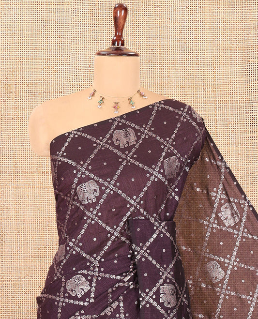 Borderless Brown Vichitra Silk Saree Features Elephant Butta Enclosed Jaal Design, a Self-Pallu, and No Blouse