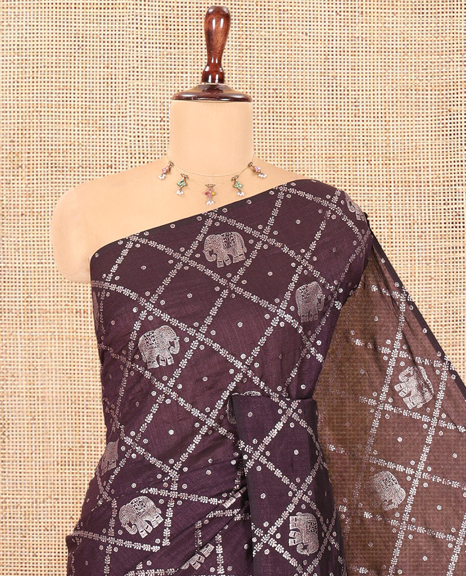 Borderless Brown Vichitra Silk Saree Features Elephant Butta Enclosed Jaal Design, a Self-Pallu, and No Blouse