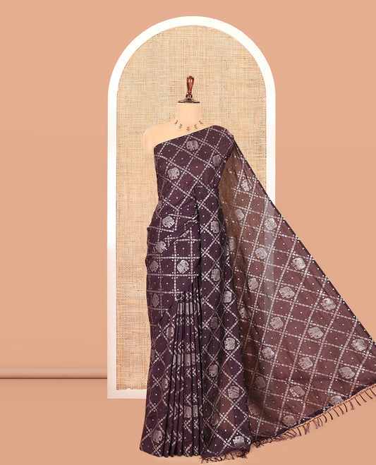Borderless Brown Vichitra Silk Saree Features Elephant Butta Enclosed Jaal Design, a Self-Pallu, and No Blouse
