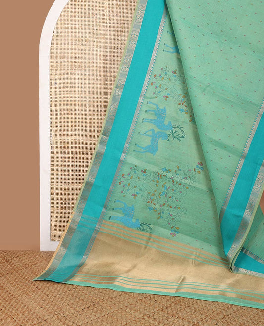 Green screen printed chanderi cotton saree with double pad annam border & tissue pallu along with brocade blouse