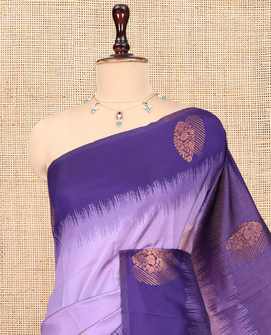 Lavender Kanchi Silk Saree, Adorned with Zari Buttas, a Contrast Zari Butta Border, Grand Pallu, and a Contrast Blouse