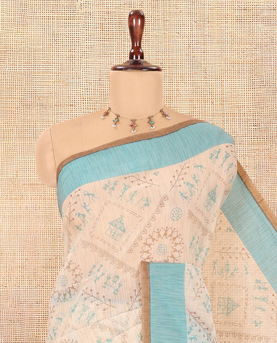 Cream-Rama Village Warli Printed Patola Cotton Saree, a Contrast Border, Contrast Pallu, and a Matching Blouse
