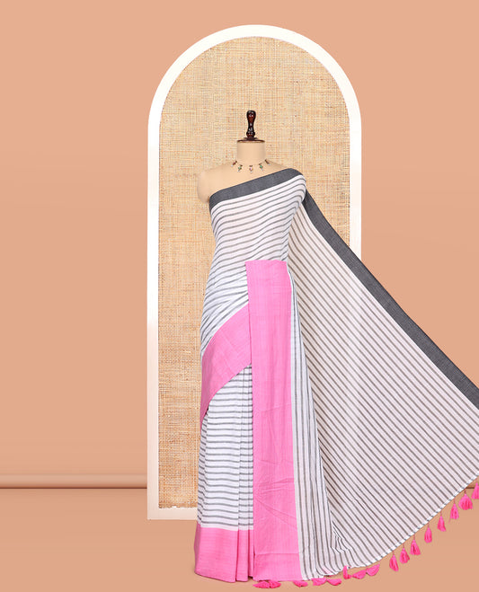 White-Grey Striped Khadi Mul Cotton Saree, a Contrast Ganga-Jamuna Border, and No Blouse
