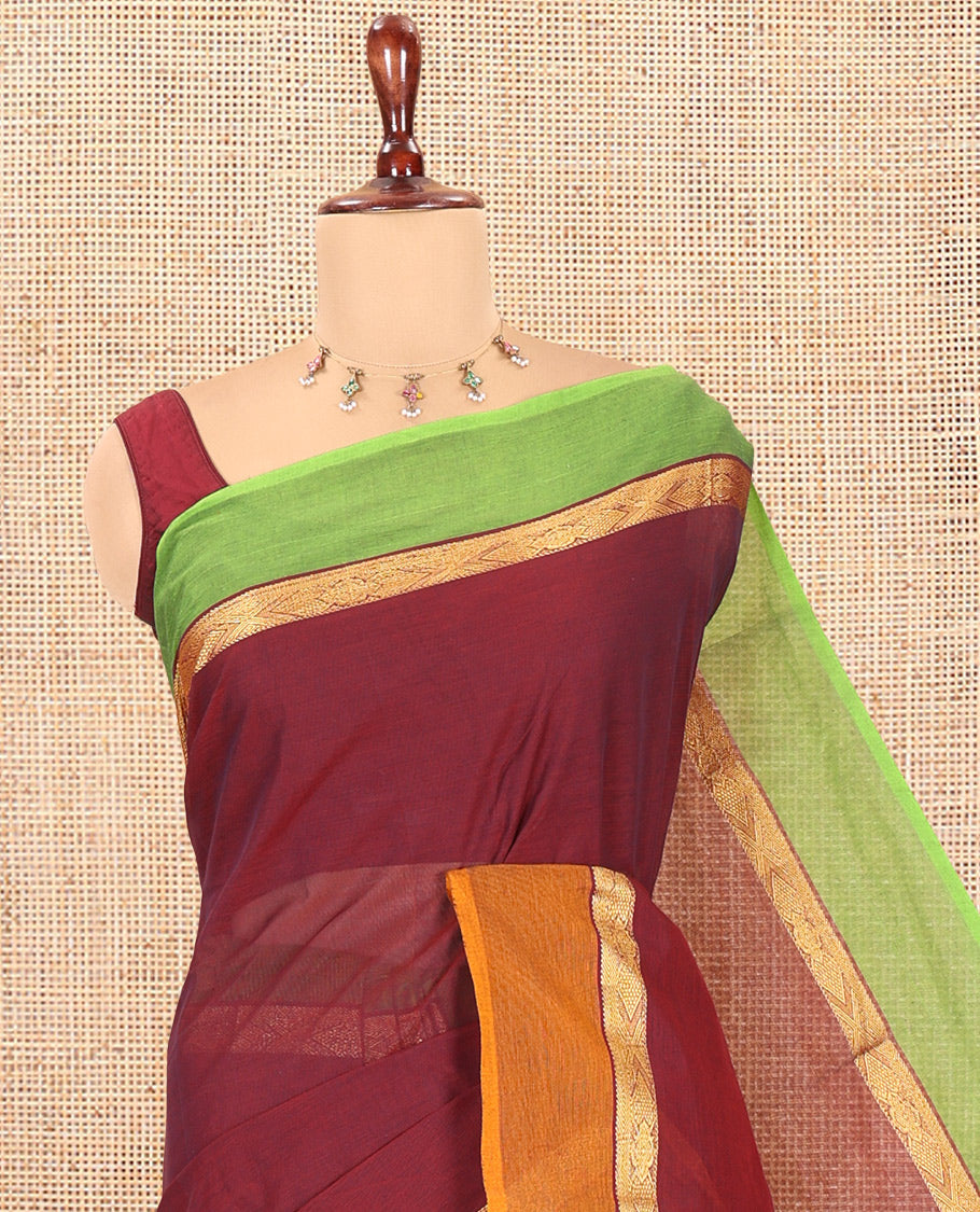 Red Plain Chettinad Cotton Saree, a Contrast Ganga-Jamuna Border, Striped Pallu, and a Matching Blouse