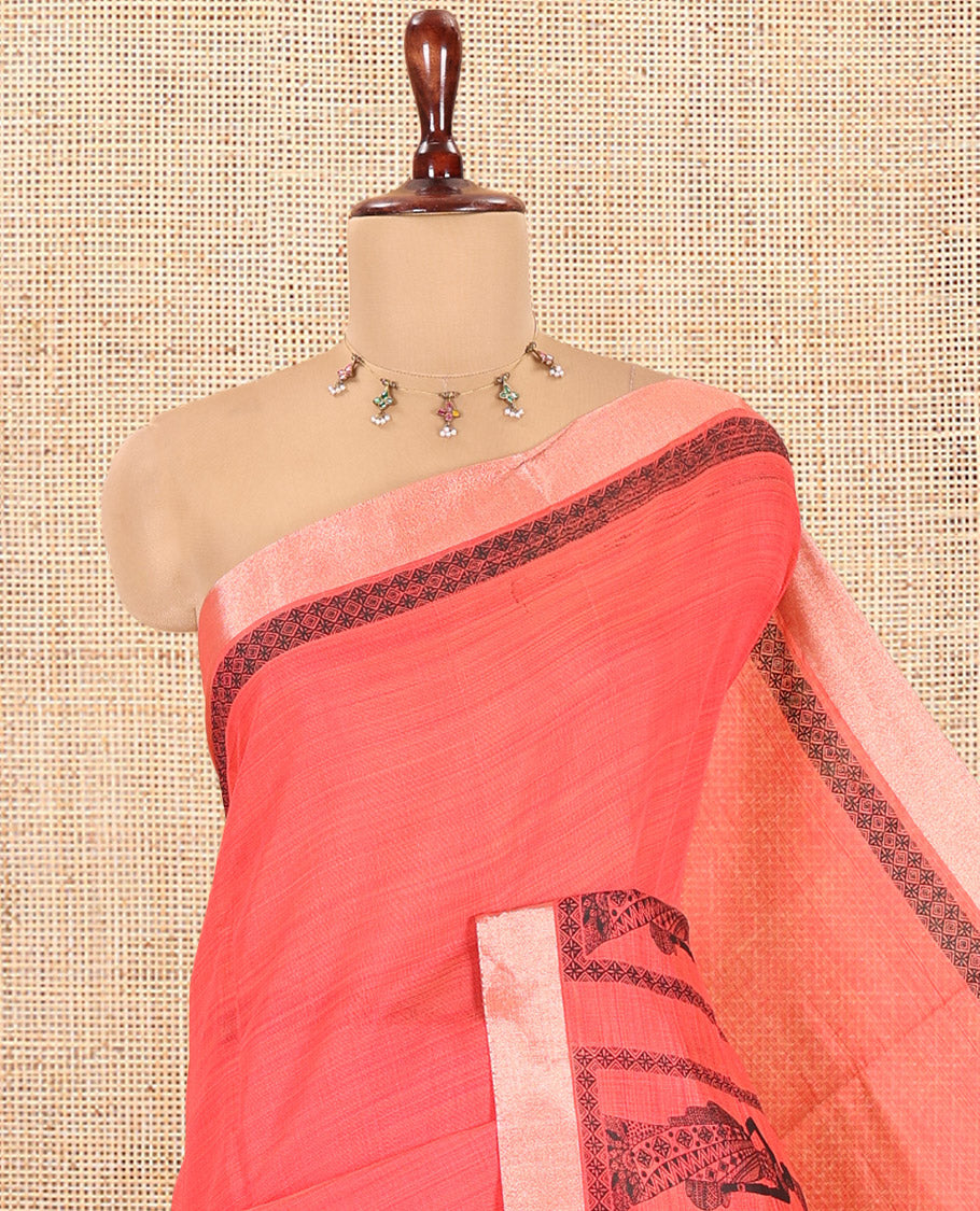 Pink Semi-Katan Silk Saree, Adorned with Human Figurine, Copper Zari Border, Contrast Warli Pallu, and a Contrast Blouse