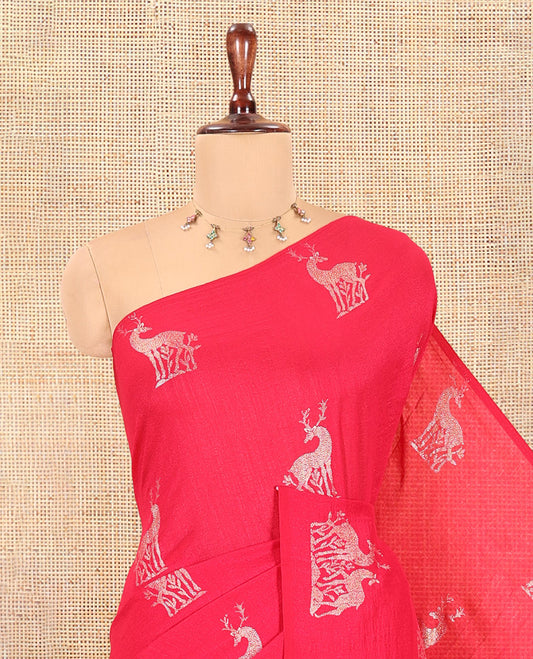 Borderless Pink Vichitra Silk Saree with Deer Motifs, Self-Pallu, No Blouse