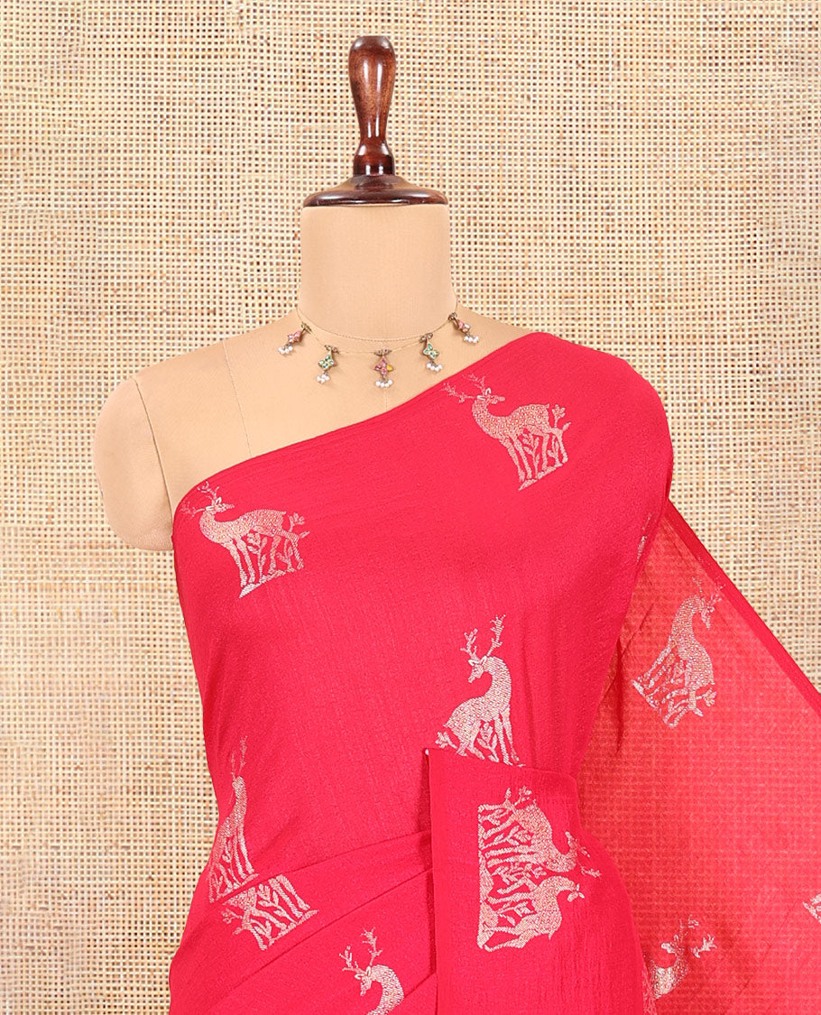 Borderless Pink Vichitra Silk Saree with Deer Motifs, Self-Pallu, No Blouse