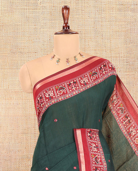 Green Manipuri Tussar Saree, Delicately Woven with Mirror Work, a Contrast Patola Animal Motif Border, Patola Pallu, a Contrast Blouse