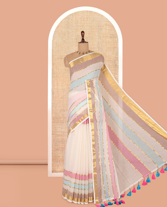 Cream Khadi Mul Cotton Saree