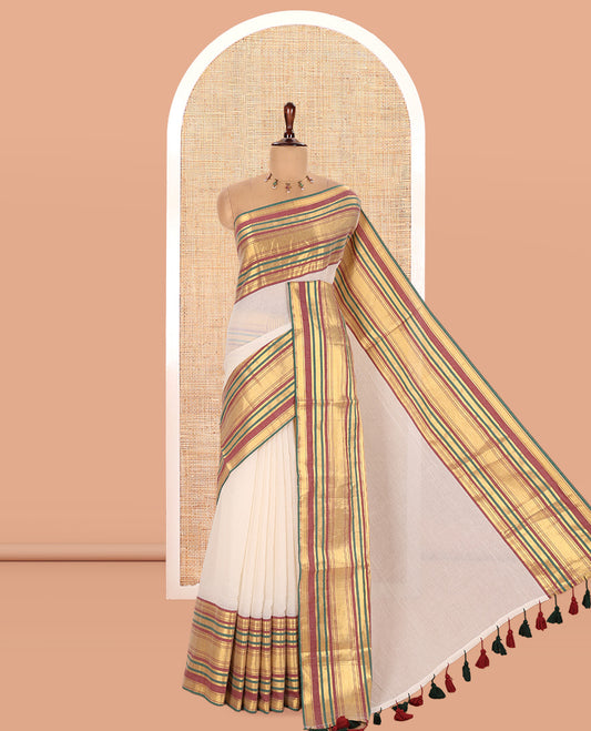 Cream-Maroon Plain Khadi Mul Cotton Saree