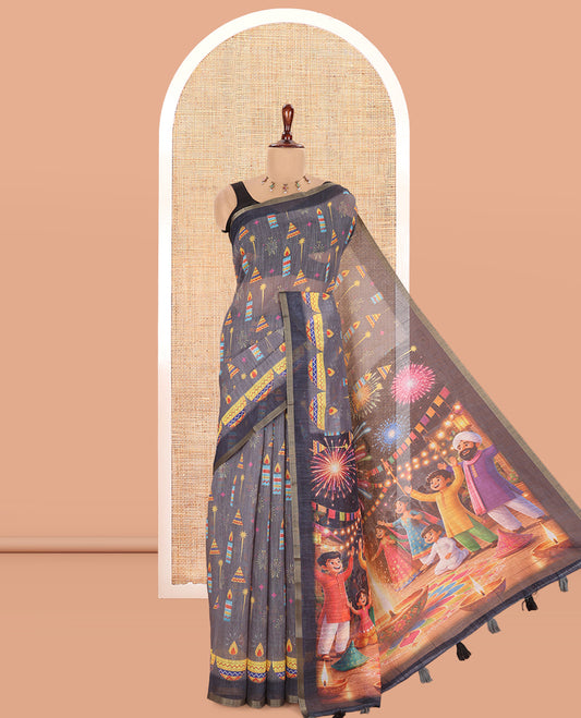 Grey Diwali-Style Printed Linen Cotton Saree