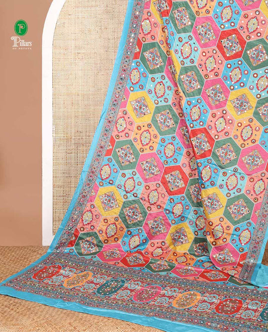 Blue geometric design, mirror work synon silk saree with printed border, mirror work & printed blouse along with plain blouse