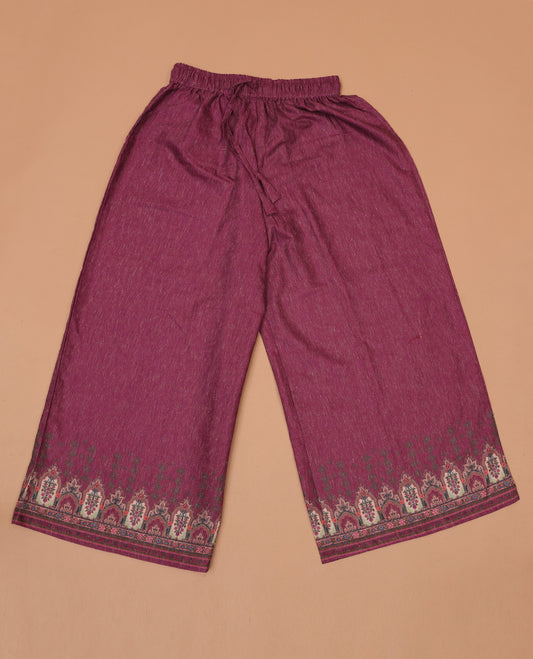 Magenta multi-color intricately Mughal-style printed slub cotton palazzo pants