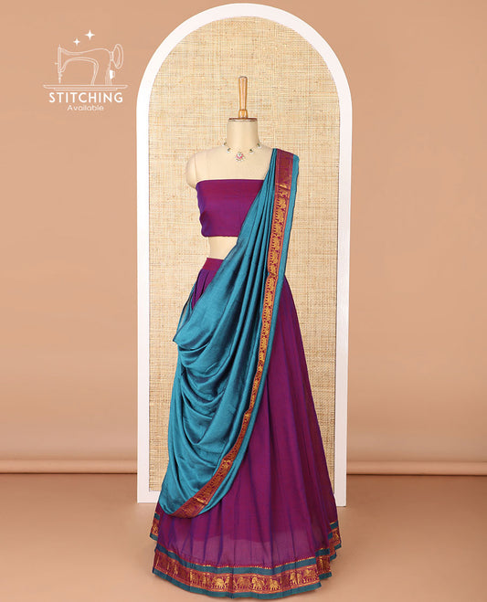 Dark lavender mercerised cotton daman zari border half saree with cotton blouse & skya georgette one side zari border dhavani