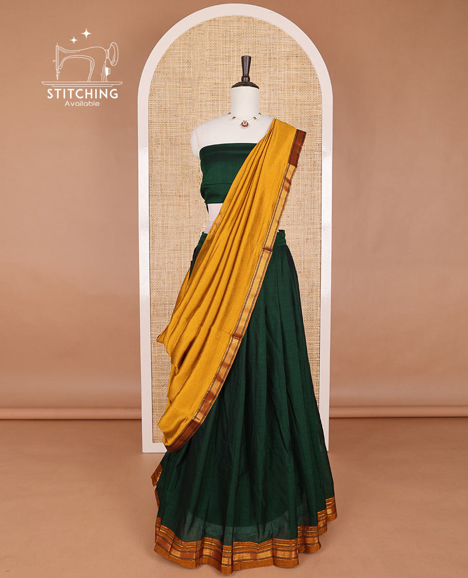 Green mercerised cotton daman zari border half saree with cotton blouse & georgette one side zari border