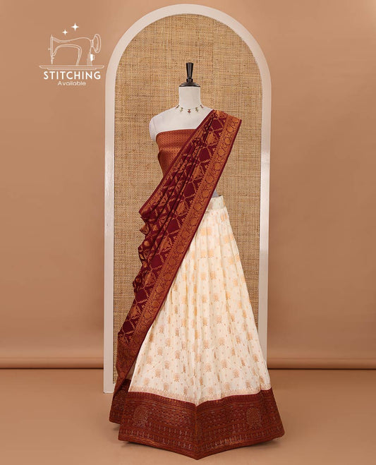 Cream semi-banaras half-saree, zari buttas & contrast Swarovski stonework traditional border skirt, jacquard blouse & contrast jaal jacquard maroon dhavani