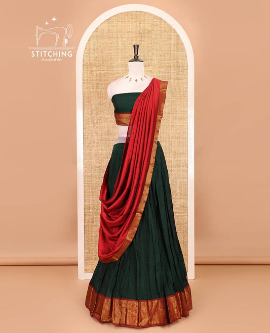 Green-red Mercerised cotton half-saree, plain with contrast arai madam border skirt, matching blouse & contrast arai madam border dhavani