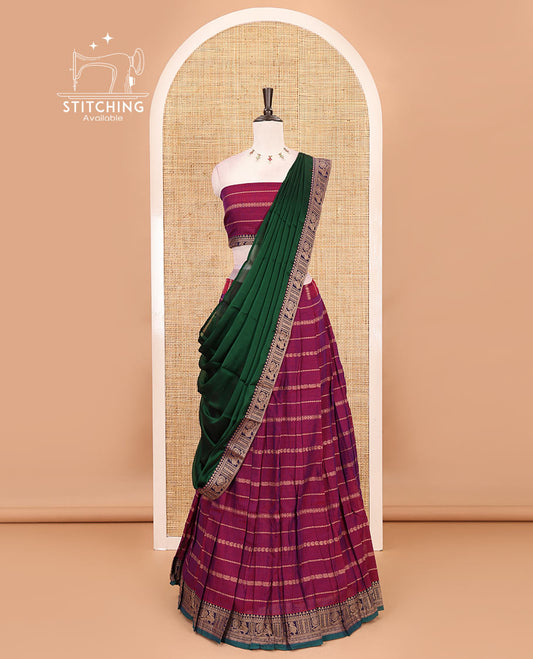 Magenta-green mercerised cotton half-saree, traditional design resham thread skirt, matching traditional design blouse & contrast syska georgette dhavani