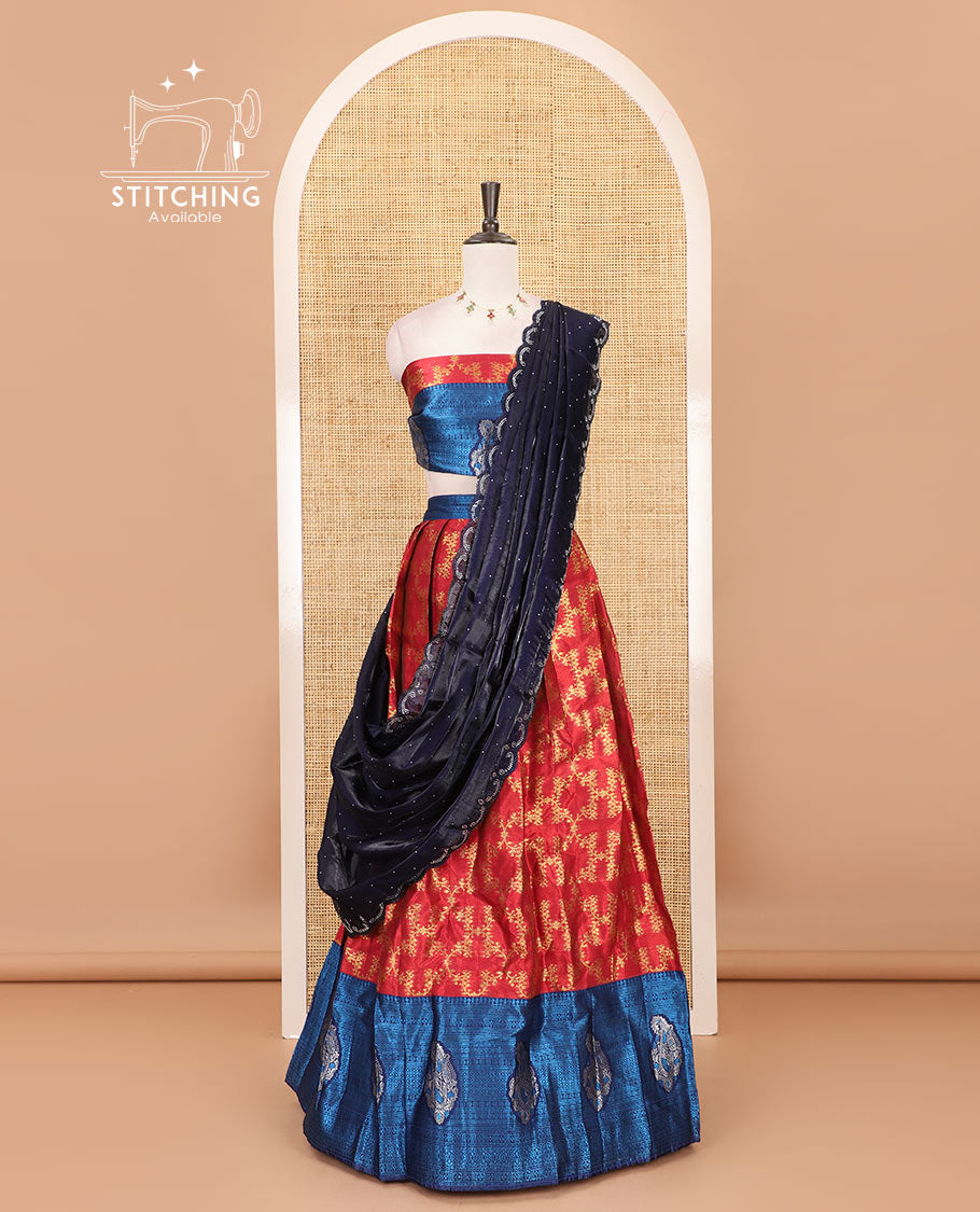 Gajari-navy blue half-saree, floral jaal jacquard banarasi skirt, contrast traditional zari stone work border,  matching blouse, and contrast scallop embroidered velvet organza dhavani