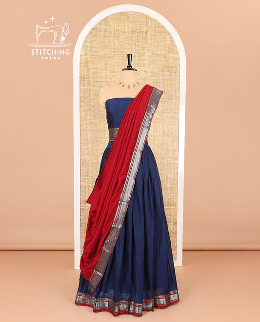 Navy blue half-saree, plain with contrast traditional zari border skirt, matching blouse and a contrast zari border dhavani
