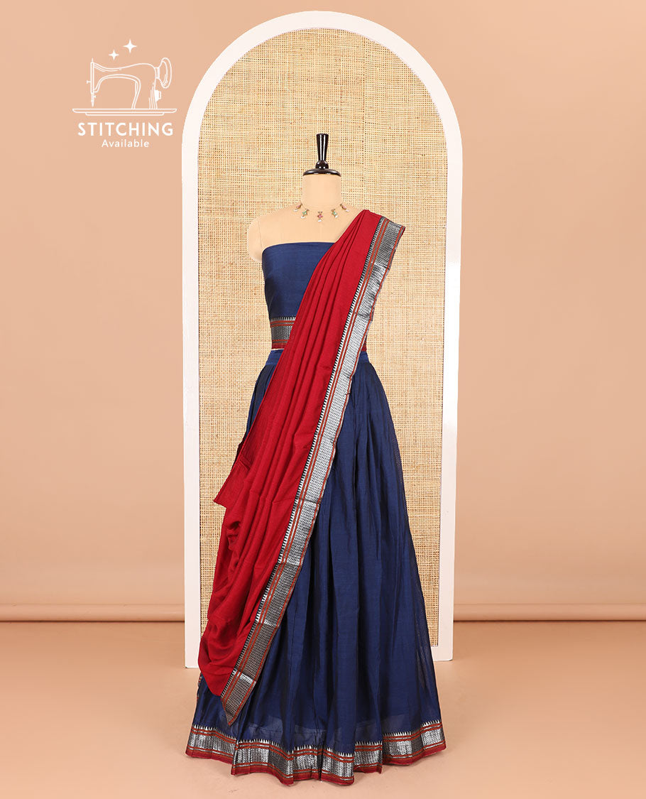 Navy blue half-saree, plain with contrast traditional zari border skirt, matching blouse and a contrast zari border dhavani