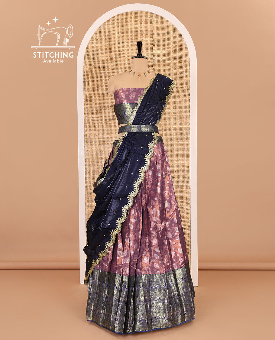 Purple and navy blue half-saree, leaf jacquard with contrast traditional bordered banarasi tissue skirt, a matching blouse, and a contrast scallop embroidered fendi organza dhavani