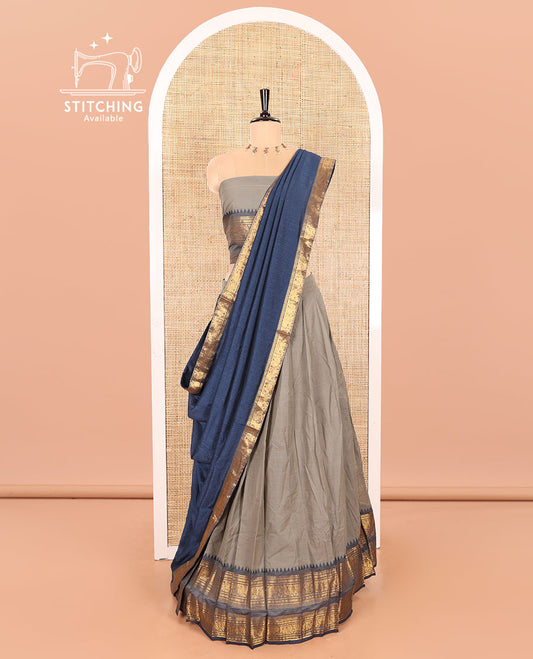 Steel Grey-Navy Blue Chettinad Cotton Half-Saree Featuring a Plain Skirt, Highlighted with a Contrast Peacock-Elephant Motifs Woven Rettai Pettu Zari Border, a Subtly Woven Matching Blouse, and a Vichitra Silk Contrast Traditional Zari-Bordered Dhavani