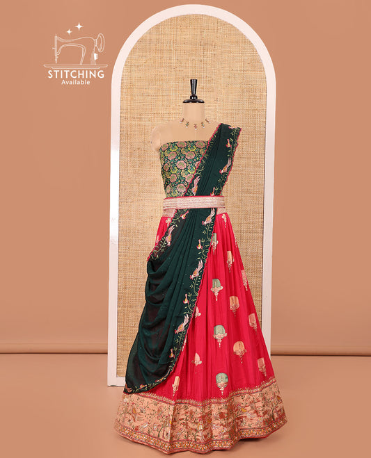 Red Art Silk Half-Saree Featuring Meen Buttas All Over the Skirt, Highlighted with a Contrast Bird-Floral Embroidered Stone Work Border, Vibrant Floral Brocade Blouse, Syska Georgette Scallop-Embroidered Dhavani, and a Brocade Belt