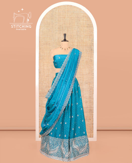 Blue Fendi Organza Half-Saree, with Embroidered Buttas on Its Skirt, Embroidered Border with a Matching Blouse, and an Embroidered Organza Scallop Dhavani