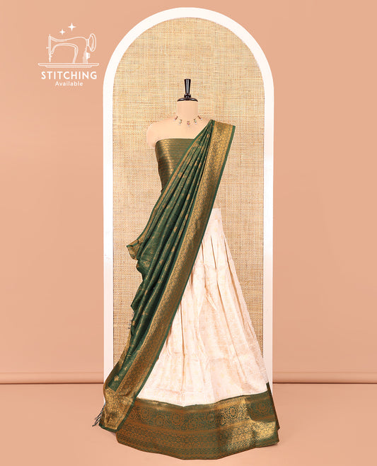 Cream-Leaf Green Banarasi Softy Half-Saree, Adorned with Jacquard, Contrast Traditional Border, Jacquard Blouse, Intricate Dhavani