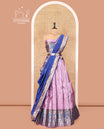 Lavender-Blue Half-Saree Features Floral Banarasi Skirt, Contrast Meenakari Embroidery Border, Matching Blouse, Banarasi Dupatta