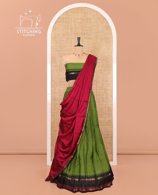 Green-Magenta Chettinad Cotton Half-Saree Featuring Plain Skirt, Contrast Temple Rettai Pettu Border, Matching Blouse, Syska Georgette Dhavani