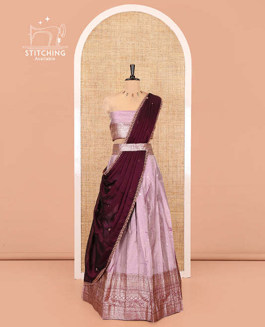 Lavender-Wine Banarasi Silk Half-Saree Featuring Buttas Skirt, Contrast Traditional Border, Matching Blouse, Syska Georgette Embroidery Dhavani