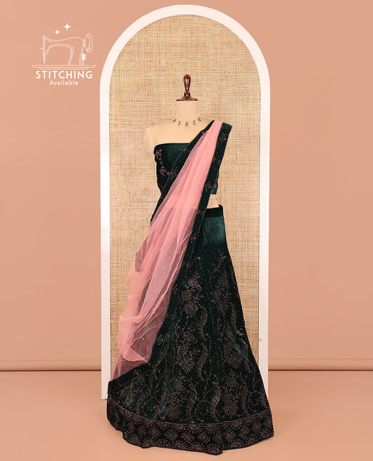 Green Velvet Half-Saree Features Swarovski Stonework Skirt, Matching Stonework Blouse, Contrast Net Dhavani