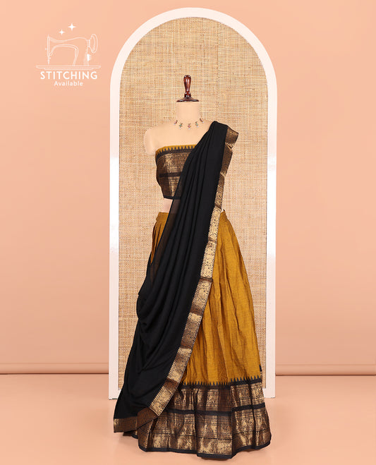 Mustard-Black Chettinad Cotton Half-Saree, Plain Contrast Traditional Temple Zari-Bordered Skirt, Matching Blouse, and a Contrast Dhavani