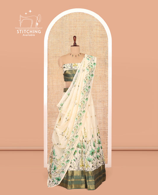 Cream-Bottle Green Semi-Silk Half-Saree Features Floral-Printed Skirt, a Contrast Traditional Border, a Matching Blouse, a Floral Dhavani