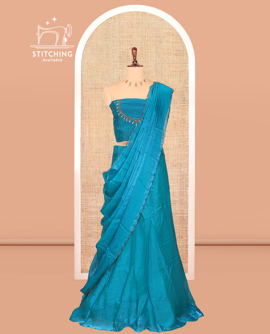 Rama Blue Fendi Organza  Half-Saree, Plain Skirt, Matching Embroidered Blouse, Matching Scallop Dhavani