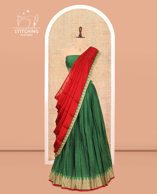 Leaf Green Mercerised Cotton Half-Saree, Plain Skirt, a Temple Border, a Matching Blouse, Contrast  Dhavani