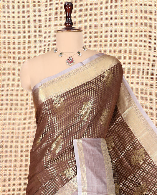 Brown Semi-Kanchi Silk Saree Features Zari Checks and Buttas, a Contrast Traditional Border, Jaal Pallu, Matching Blouse