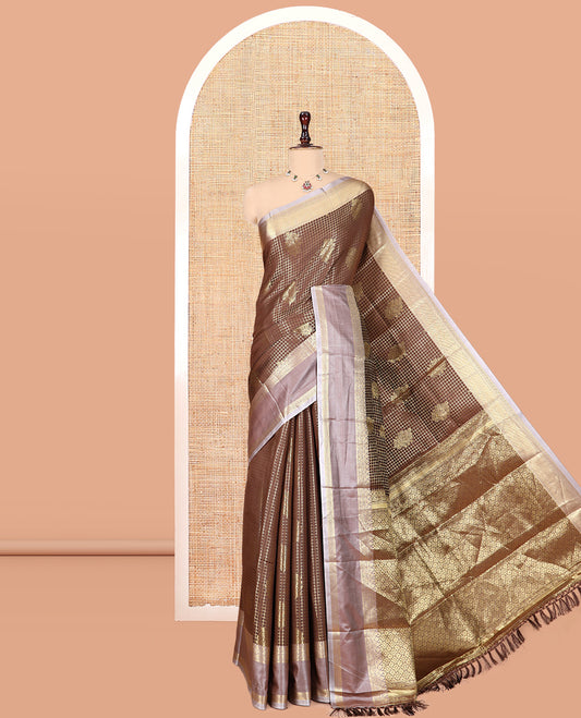 Brown Semi-Kanchi Silk Saree Features Zari Checks and Buttas, a Contrast Traditional Border, Jaal Pallu, Matching Blouse