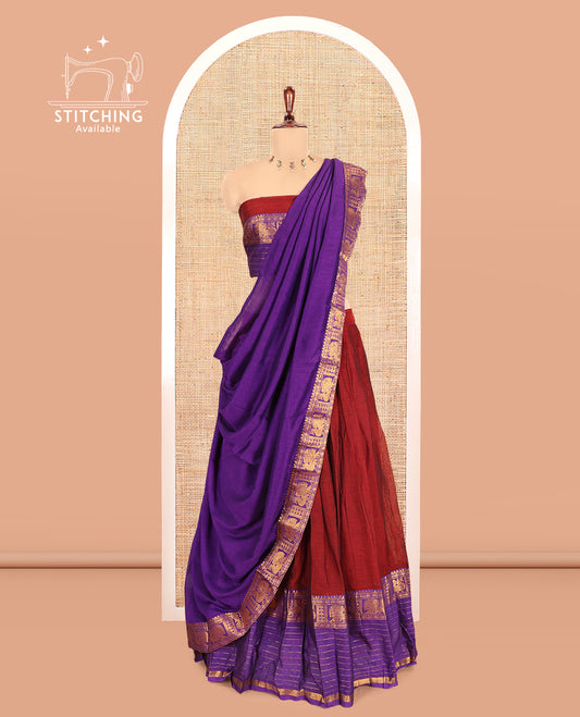 Maroon-Violet Mercerised Cotton Half-Saree, Contrast Annam Bordered Skirt,Matching Blouse,Contrast Dhavani