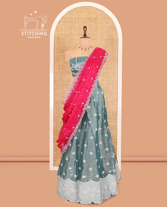 Light Dusky Green Velvet Organza Half-Saree