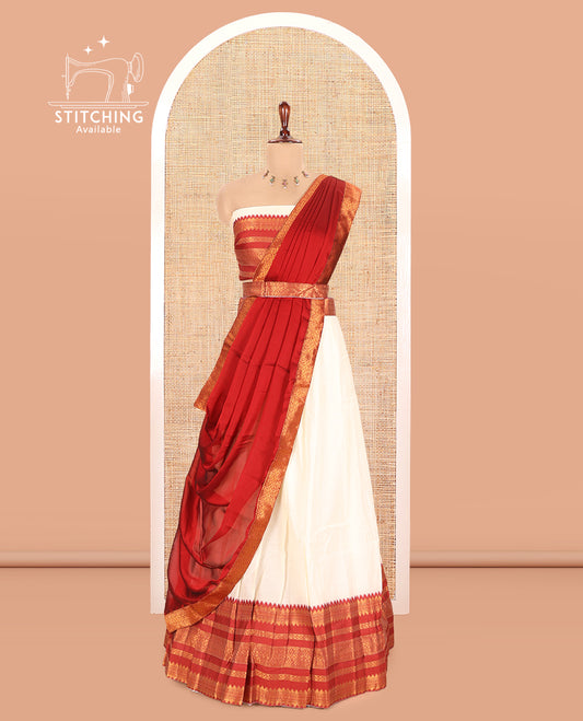 Cream-Red Semi-Silk Half-Saree
