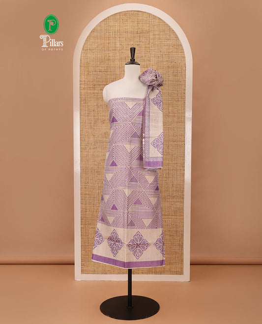 Purple semi-tussar material chudidar set, triangle printed top, heathered bottom & dupatta of triangle & four-petal floral print