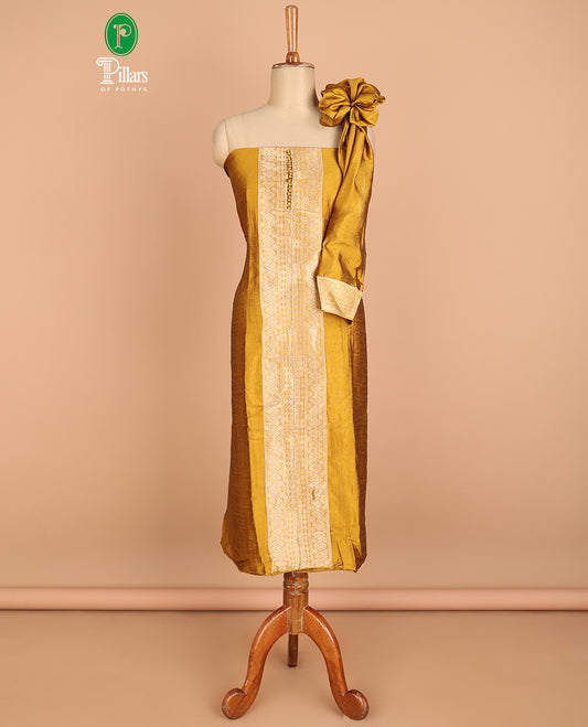 yellow chudidhar material vichitra silk neck zari border with bum bum work , santoon material pants & double side border vichitra silk dupatta
